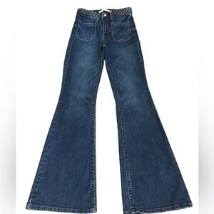 Celebrity Pink Super Flare Wide Jeans Dark Wash Patch Pocket Woven Belt Sz 3 26